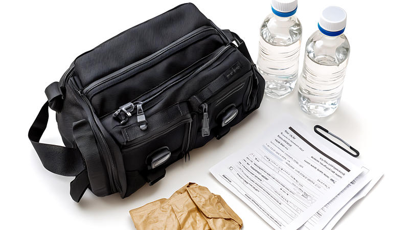 A bag, two bottles of water, and a checklist for emergencies
